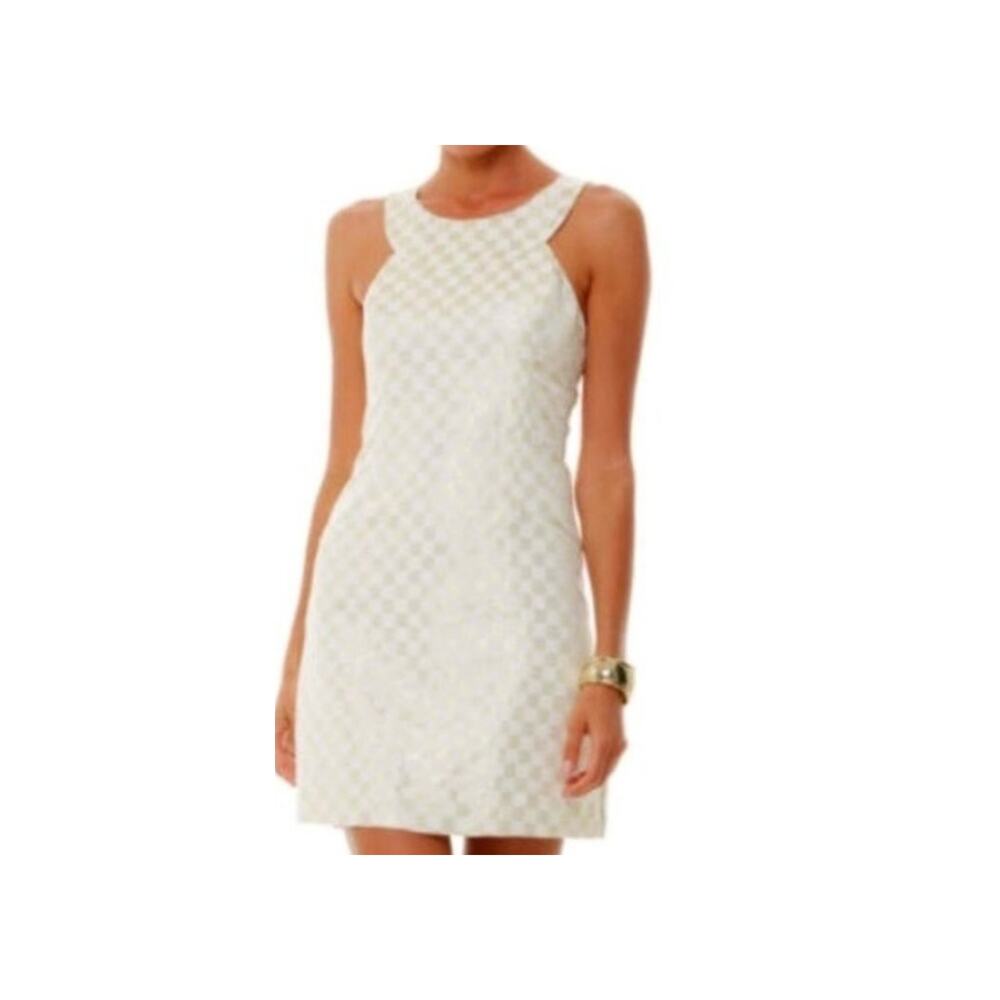 Lilly Pulitzer Sz 6 JEPSON Gold and Cream Metallic Check Dressy Dress.